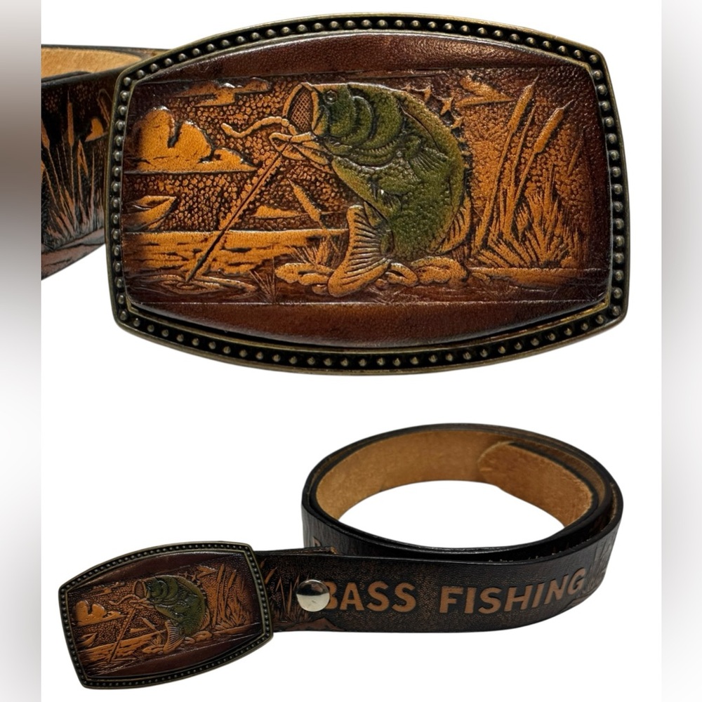 Bass Fishing Handmade Tooled Cow Hide Leather belt & buckle 41.5”- 44.5” vintage
